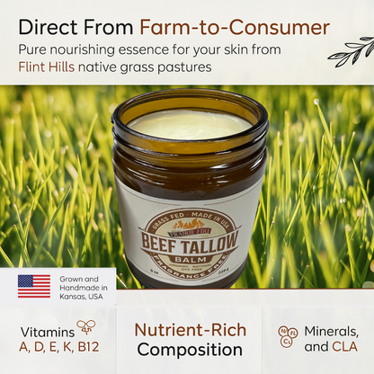 Grass Fed Beef Tallow Balm - 8 oz - Made in USA - Organic Grass Fed and Finished - Moisturizing Skin Care